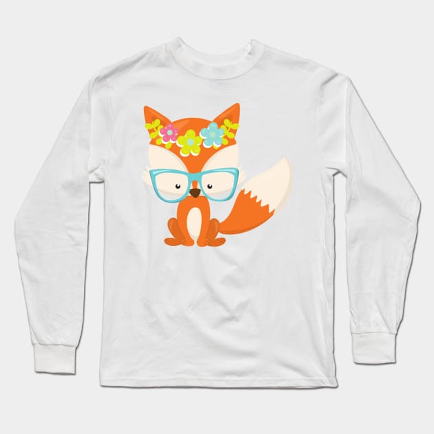 Hipster Fox, Fox With Glasses, Colorful Flowers Long Sleeve T-Shirt by Jelena Dunčević